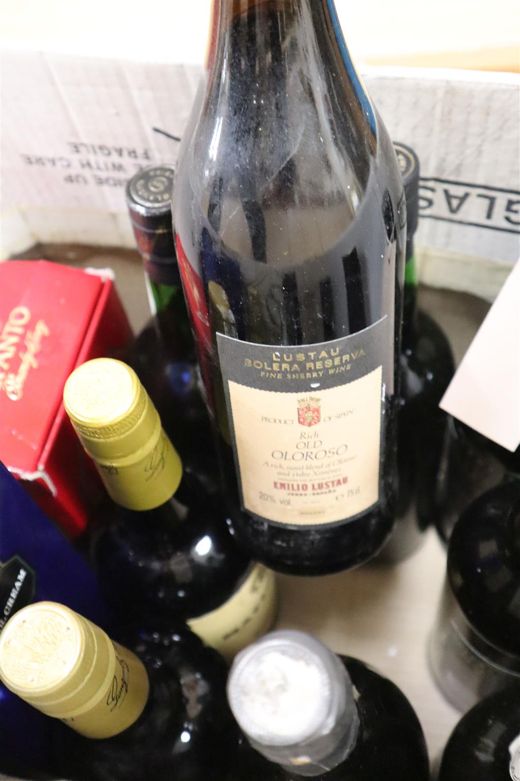 Eleven bottles of mixed wines and spirits including Blandys Madeira, Matuselem, brandy, sherry etc
